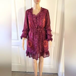 Frye and Co. Midi Flounce Royal Plum Combo Long Sleeve V-Neck  Dress Size Small